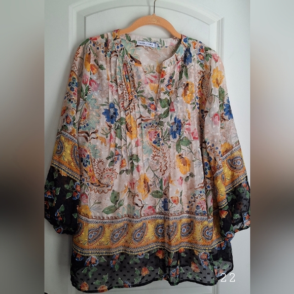 figueroa & flower Tops - Figueroa & Flower Border Print 3/4 Sleeve Blouse Womens Bohemian Sz L Floral